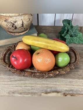 Handmade Vintage Ceramic Fruit In Burwood Tray